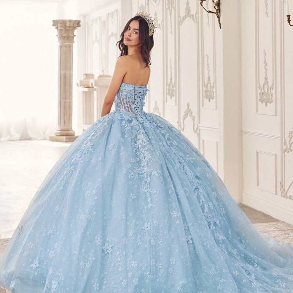 NEW FORMAL MAXI QUINCEANERA TULLE GOWN W/ FLORAL APPLIQUE AND CAPE CD 15719